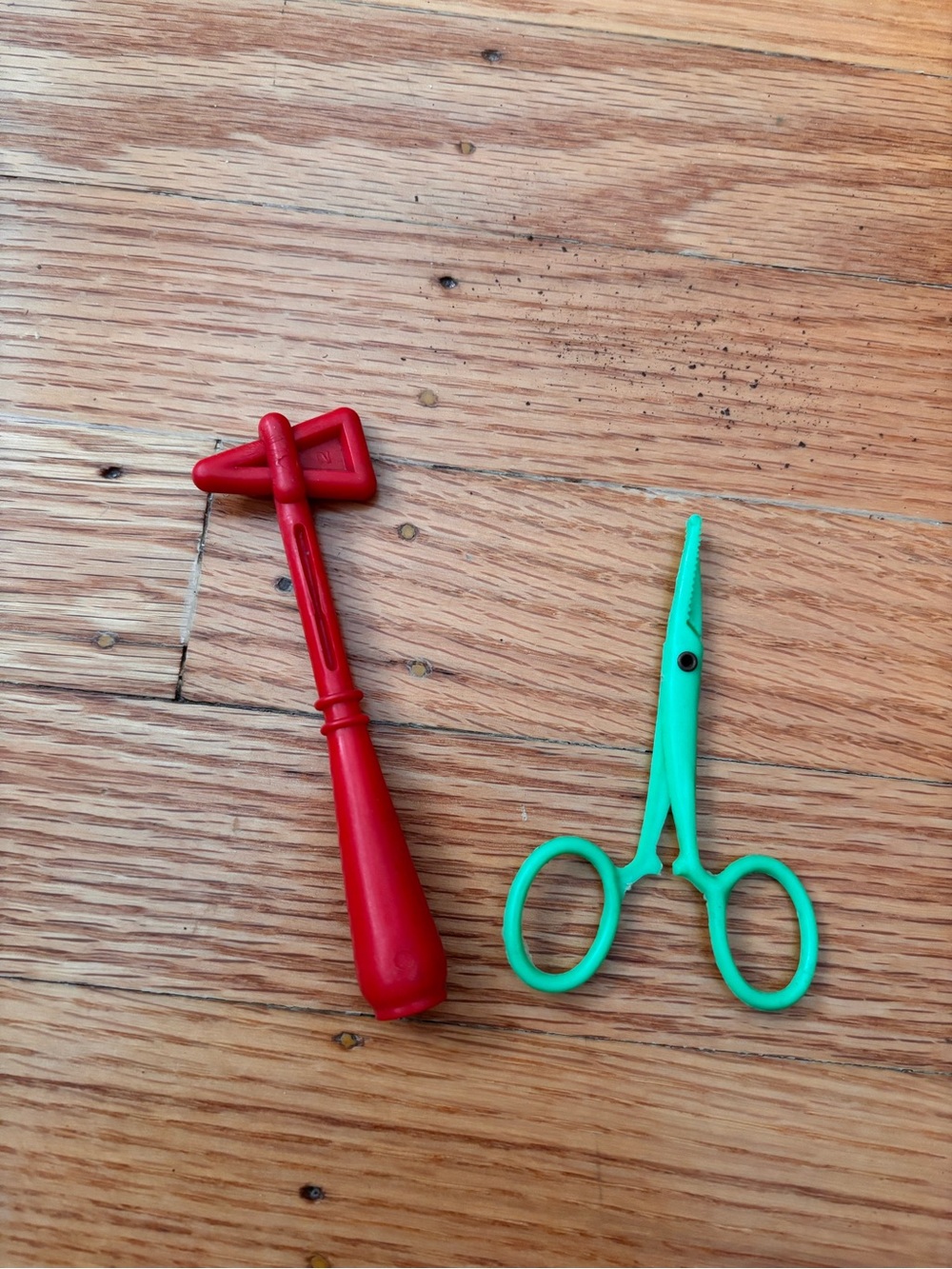 Vintage Plastic Red Reflex Hammerr and green Medical Scissors
